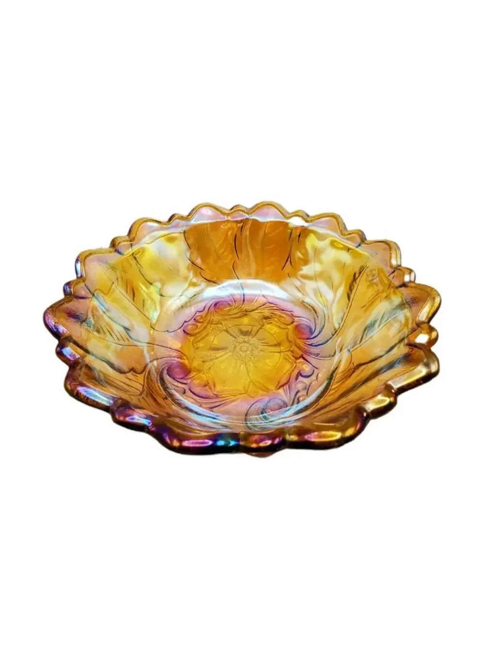 Vintage Indiana Glass Wild Rose Iridescent Amber 9” Carnival Glass Footed Bowl